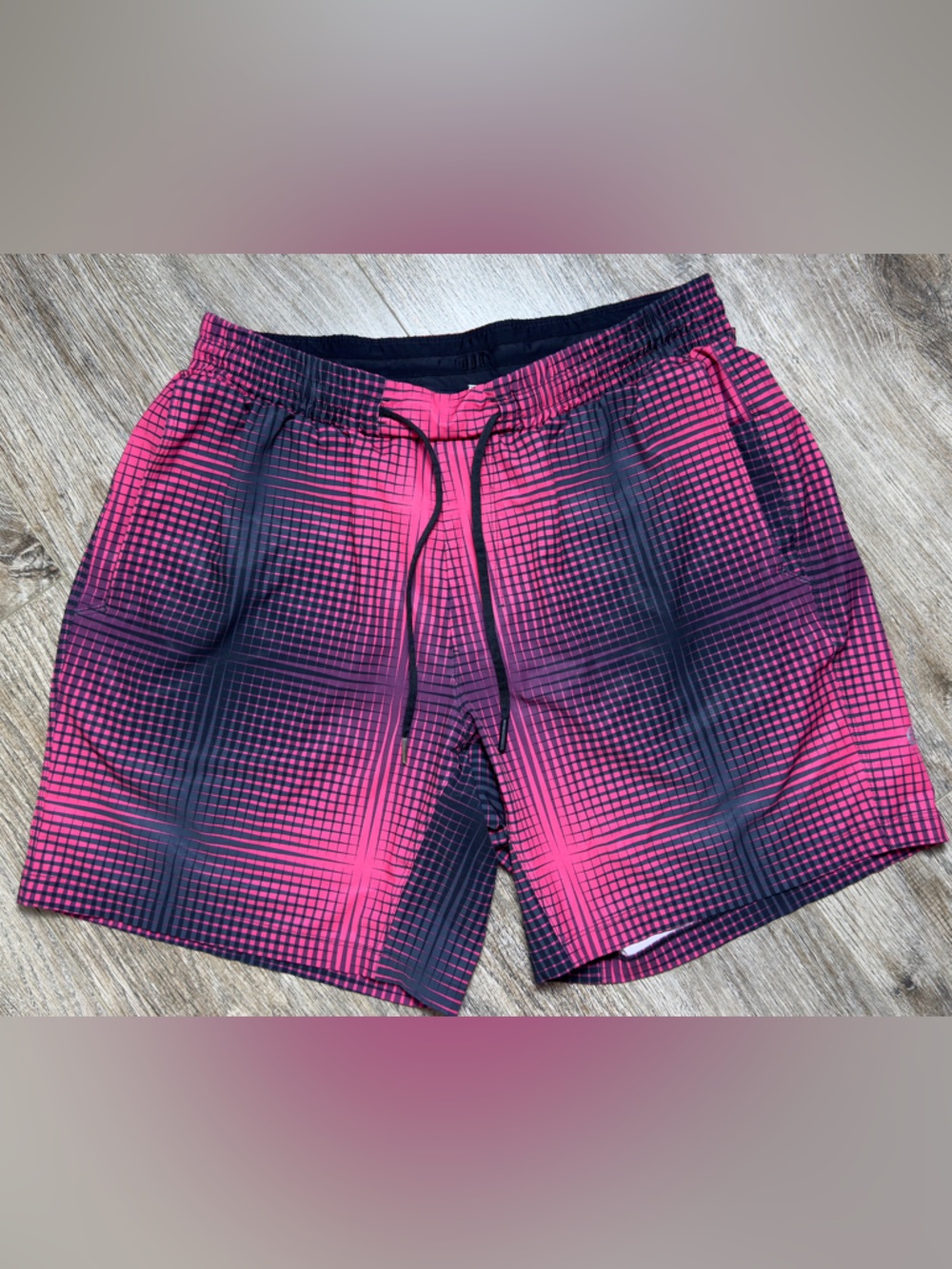lululemon athletica Men's Black and Pink Gradient Plaid Swim Board Shorts